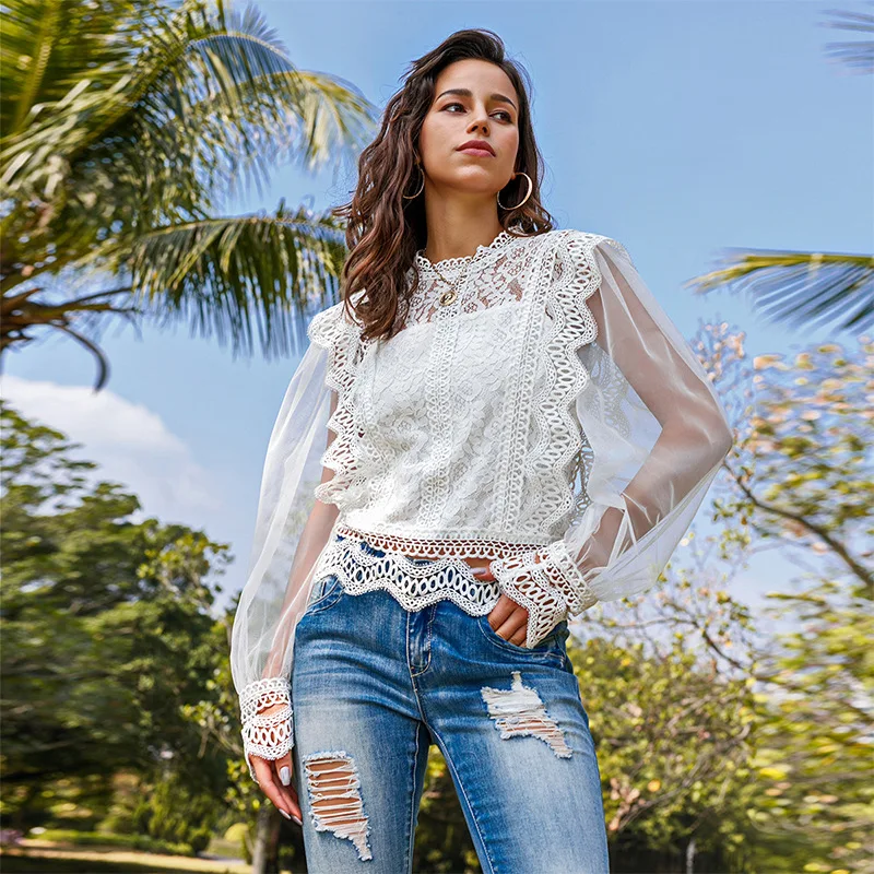 Ажурные кружевные сетчатые Женские топы с оборками и длинным рукавом Женские блузки и рубашки на лето