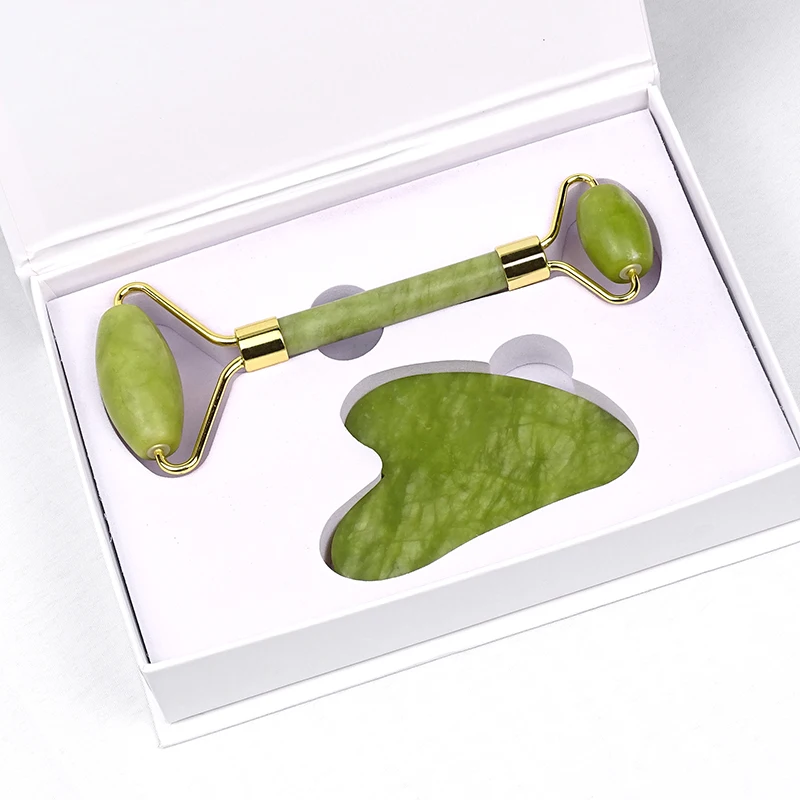 
High Quality Green quartz jade stone roller facial guasha massage tool Green jade roller gua sha with box 