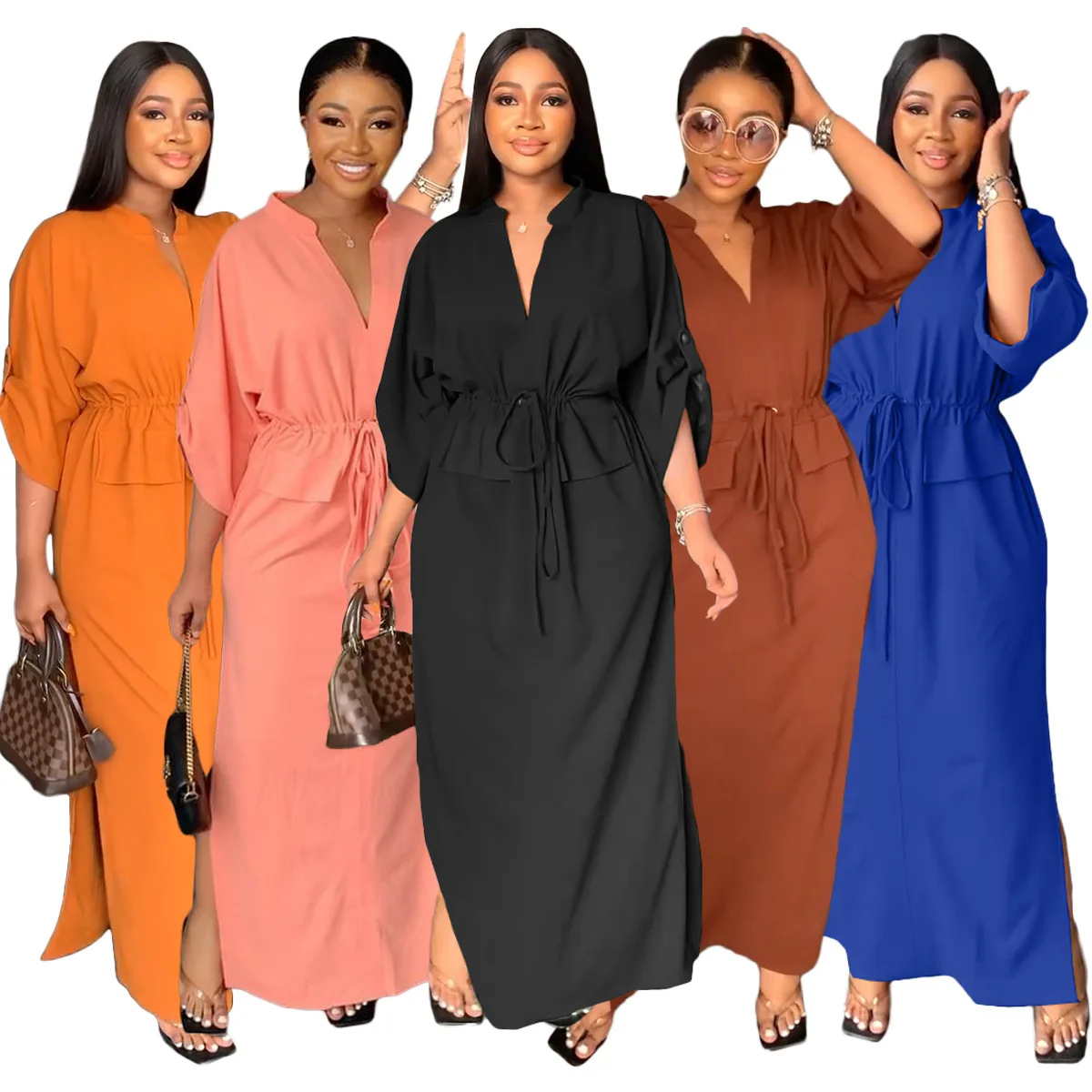 Sharee Short Sleeve Sexy High Split Maxi Dresses Leisure Wear Home Wear Women Casual Dress Ladies