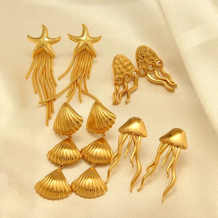 EN1034 Non Tarnish Gold Scallop Shell Seashell Studs Earring,Gold Triple Seashell Dangle Drop Sea Ocean Summer Earrings