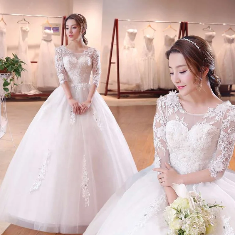 China Factory Pure White Lace Flower Half Sleeve V Neck And Backless Prom Gown Wedding Dress For Women Bridal