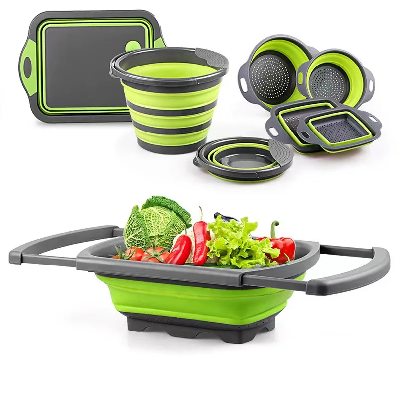 TS New Arrival Flexible Folding Vegetable Strainer Collapsible Retractable Colander Set With Handle Washing Drying Storage