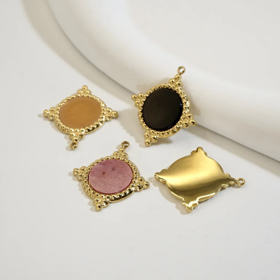 Boho Vintage Court Rhombus Shape Gemstone Pendant 14K Gold Plated Stainless Steel Colorful Stone Charms for DIY Jewelry Making