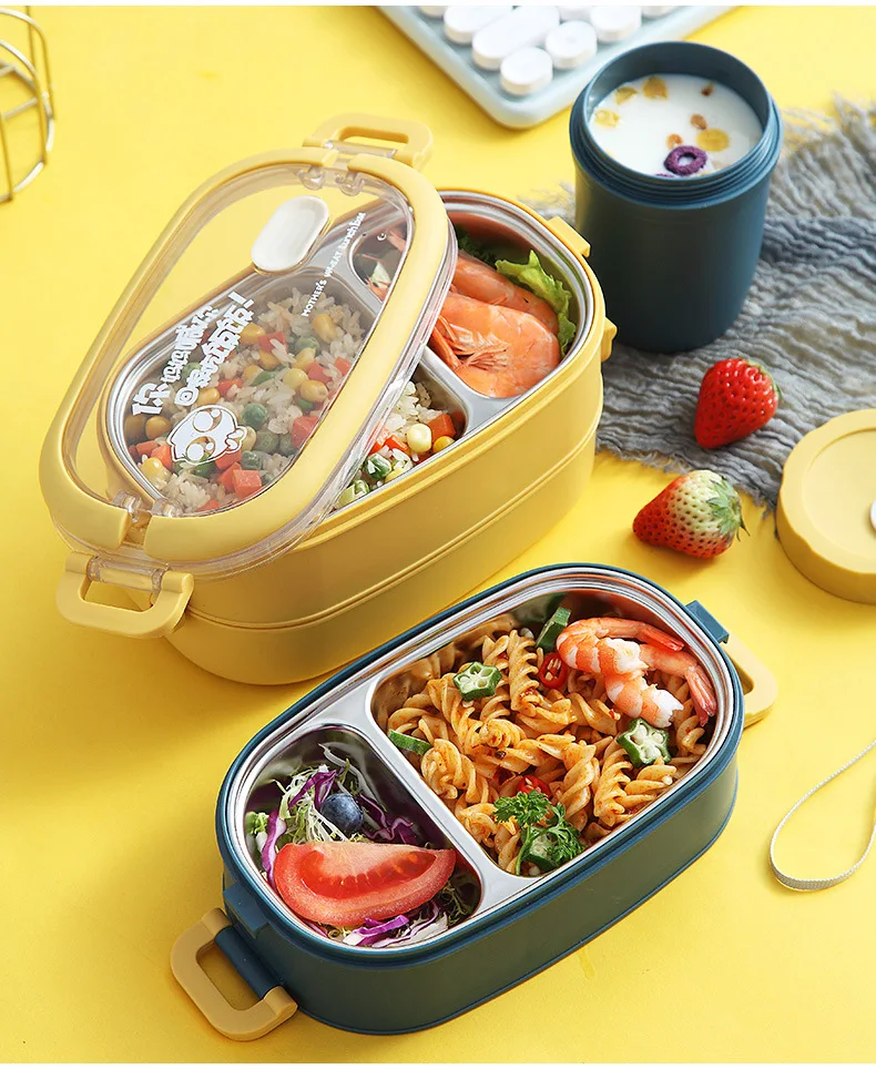 IKITCHEN Hot sale kids water bottle and lunch box airtight stainless steel tiffin box thermal 2 layer microwave bento lunch box