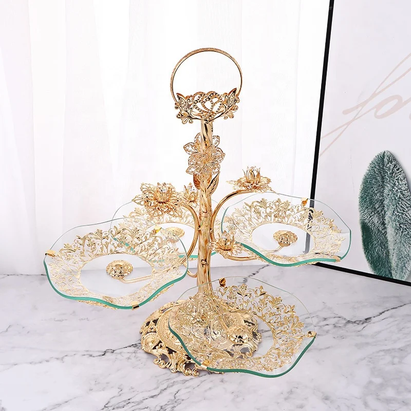 Home Decorative Golden Plated Metal iron and glass Serving Candy Dry Fruit Snack Deco Rotating Storage Trays 4 Bays