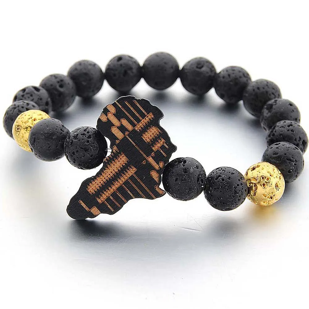 Elastic Black Gold Planted Lava Stone 10mm Beads Bracelet With Wood World African Map Pendant Cross Charm Bracelet For Men