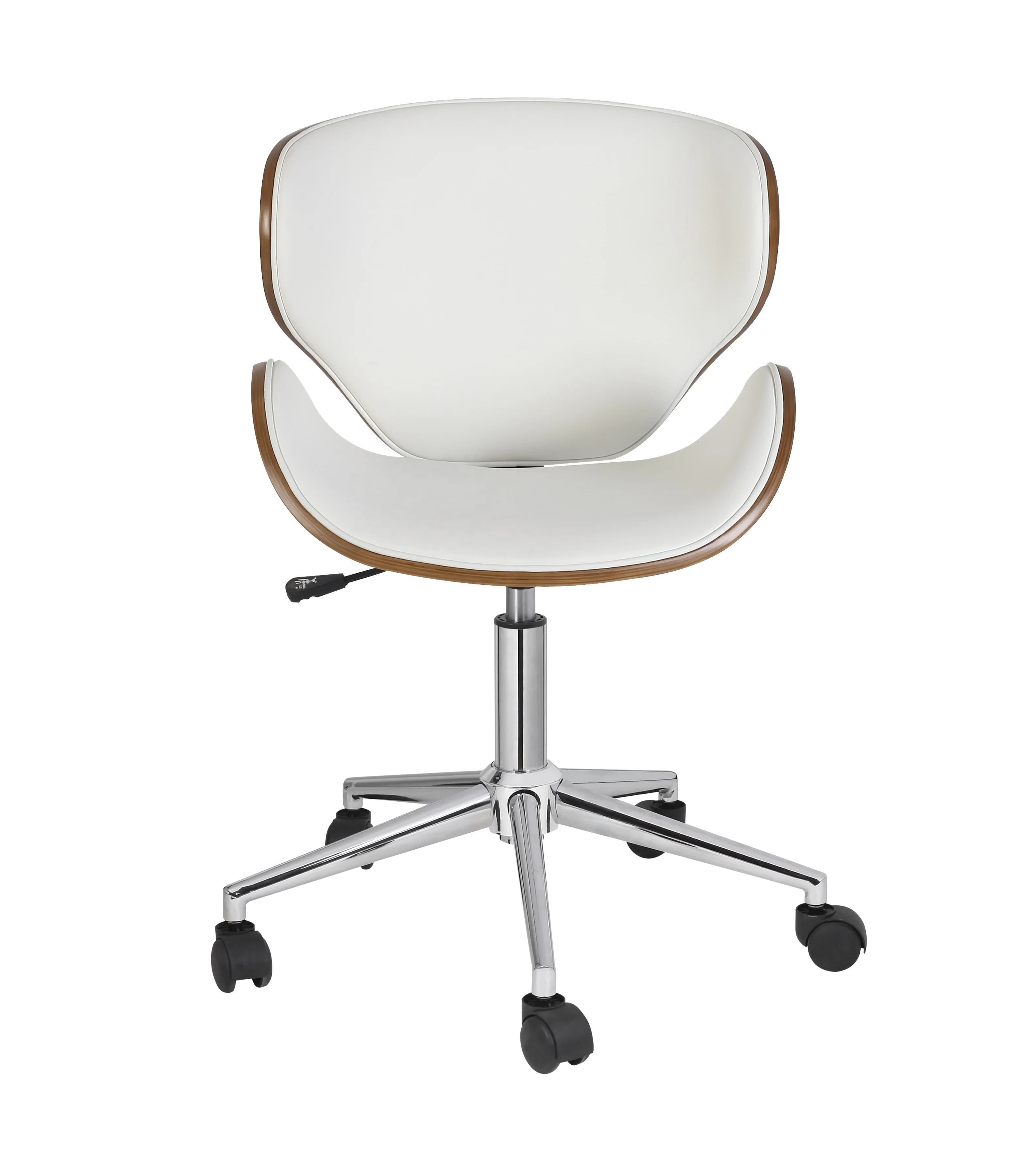 2021 Китай новый современный черный кожаный ореховая отделка деревянная рамка элегантный поворотный офисный стул хромированные ножки офисный производитель