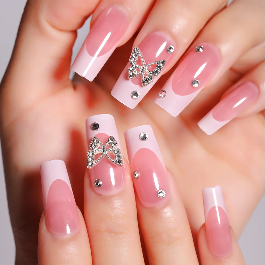 12 Sizes 24pcs Pink Artificial Fingernails French Gel Nails Press on Custom Print Press on Nails