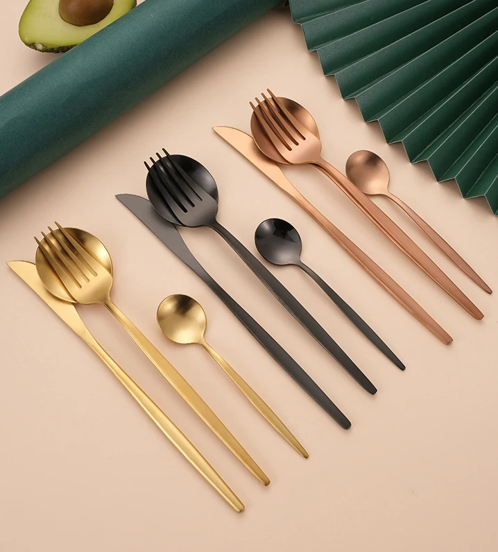 Luxury Flatware Portuguese Cutlery 4 Pcs Set Gold  Stainless Steel Matt Polish Plated Spoon Fork and Knife Silverware