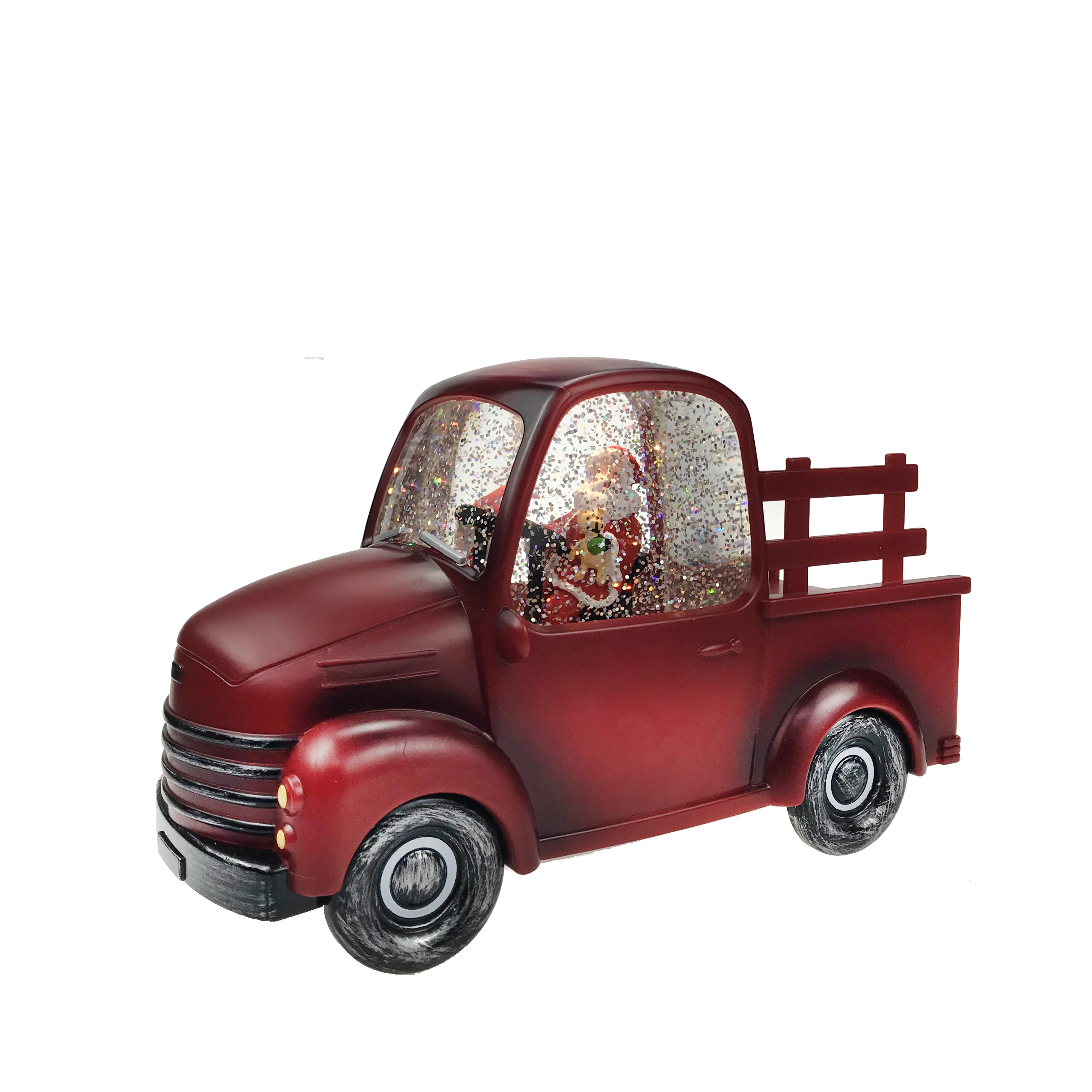 Рождественские товары, украшение из смолы с подсветкой, красный грузовик Санты, светодиодный светильник с водяным блеском, крутящаяся декорация со снежным шаром