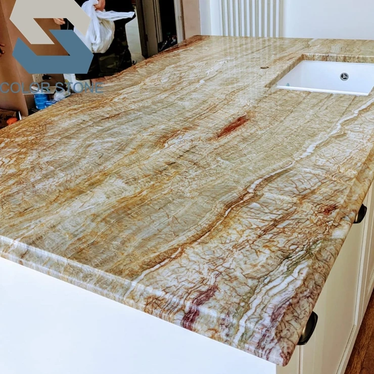 Natural Vintage Texture Stone Polished Green Gold Nacarado Quartzite Kitchen Worktop Countertop Waterfall Island