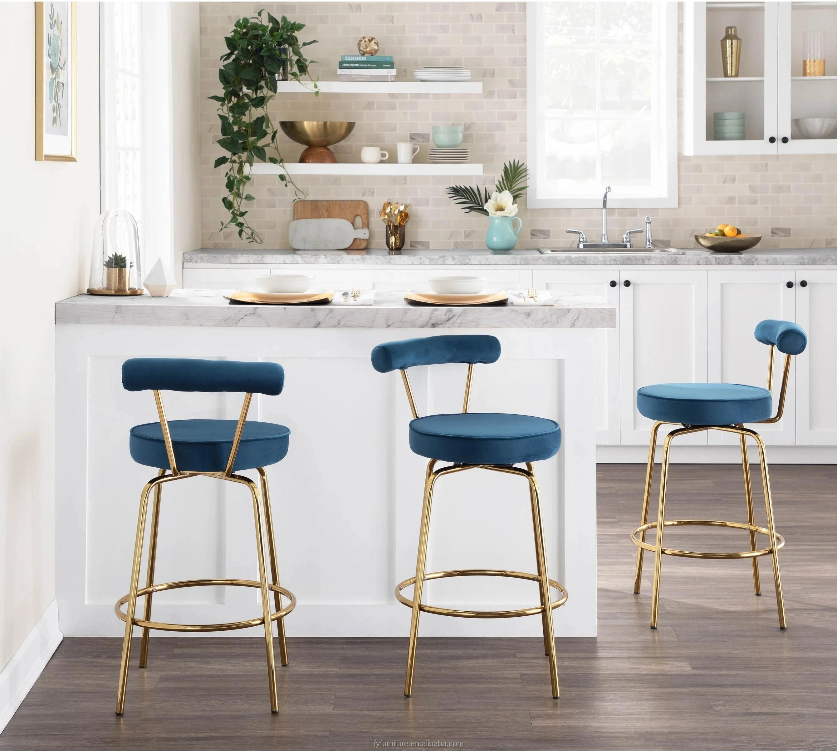 Industrial Price Nordic Design Upholstered Velvet Bar Chair with Gold Metal Frame for pub Kitchen