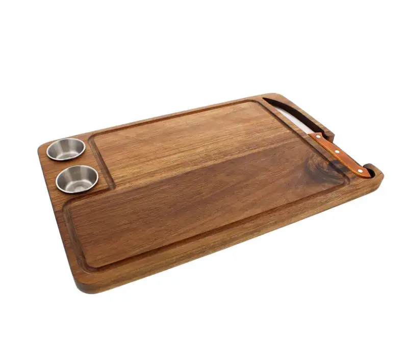 Acacia Steak Board with Knife Holder Plate for Serving, Wooden Cutting Board for Kitchen