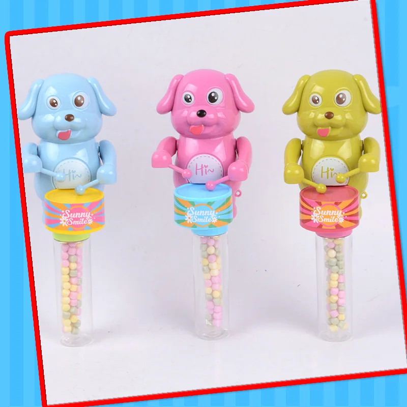 Hot selling plastic animal toy dog drummer toy stick  toy with candy