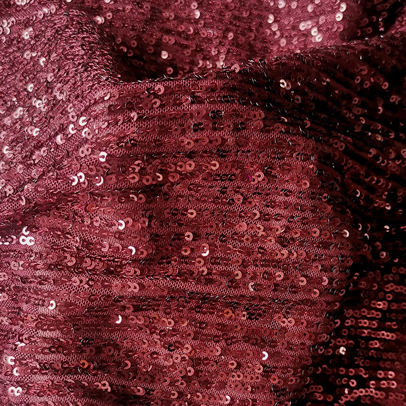 Hot Sale Glitter Curtain Backdrop Tablecloth Tulle Lace 3mm Full Stripe Stretch Burgundy Red Sequin Embroidered Net Fabric