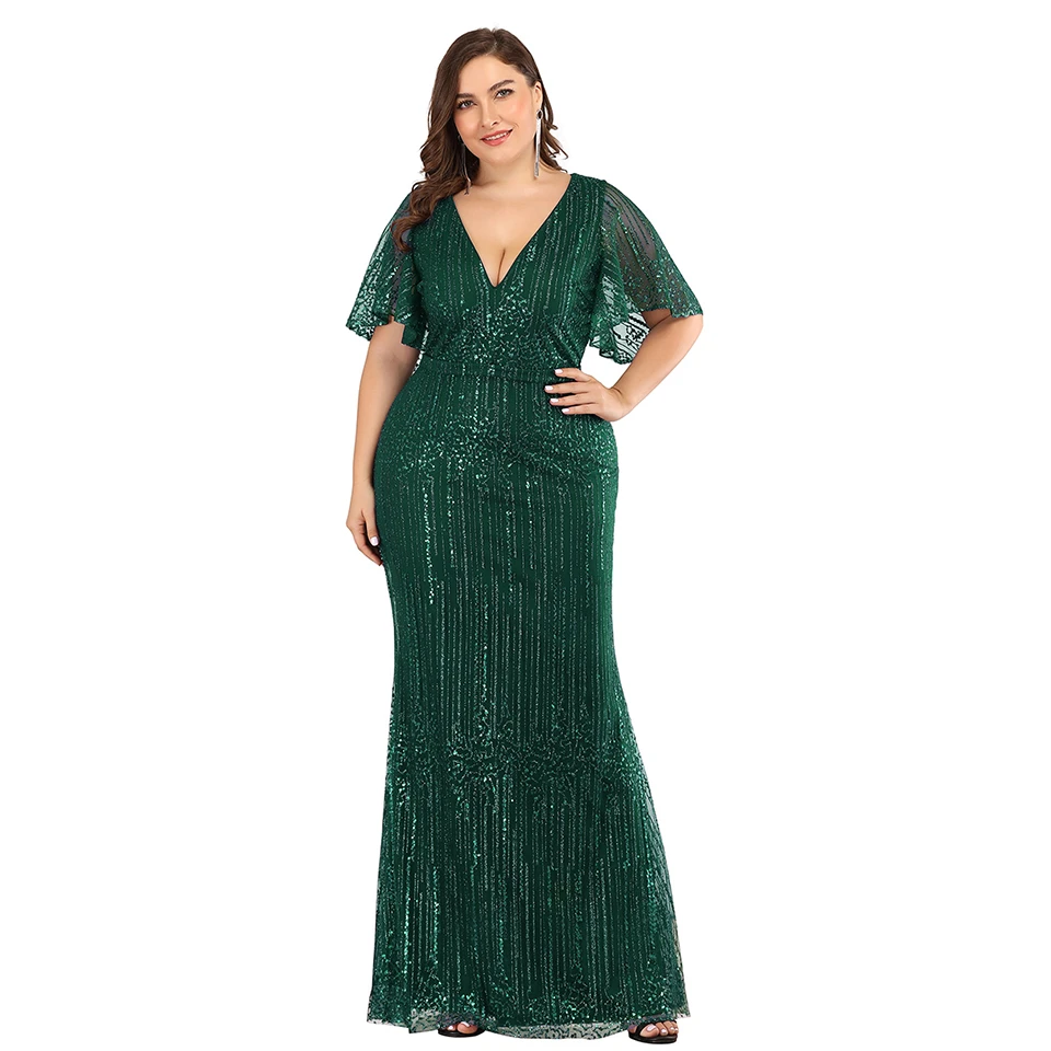 
Hot sale deep v neck lace short sleeve bodycon dress for party sequin ruffle sleeves luxury floorl ength plus size prom dresses 