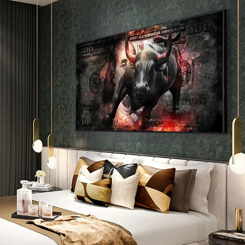 Charging Bull Art Wall Street Canvas Painting 100 Dollar Bull Statue Picture Office Home Decor