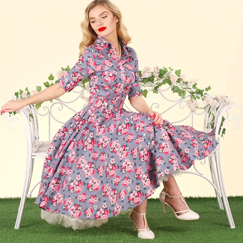 Vintage Turn Down Collar Half Sleeves 50s Style Floral Print Belted Swing Dress For Women