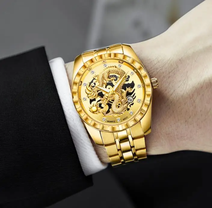 New Golden Mens Watches Top Brand Luxury Chinese Dragon Watch Business Full Steel Quartz Clock