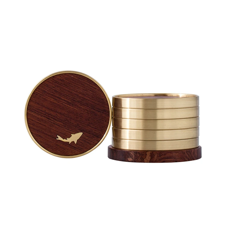 Custom Engrave Logo Blank Luxury Brass Rim Round Rosewood Ebony Wooden Tea Coffee Coaster