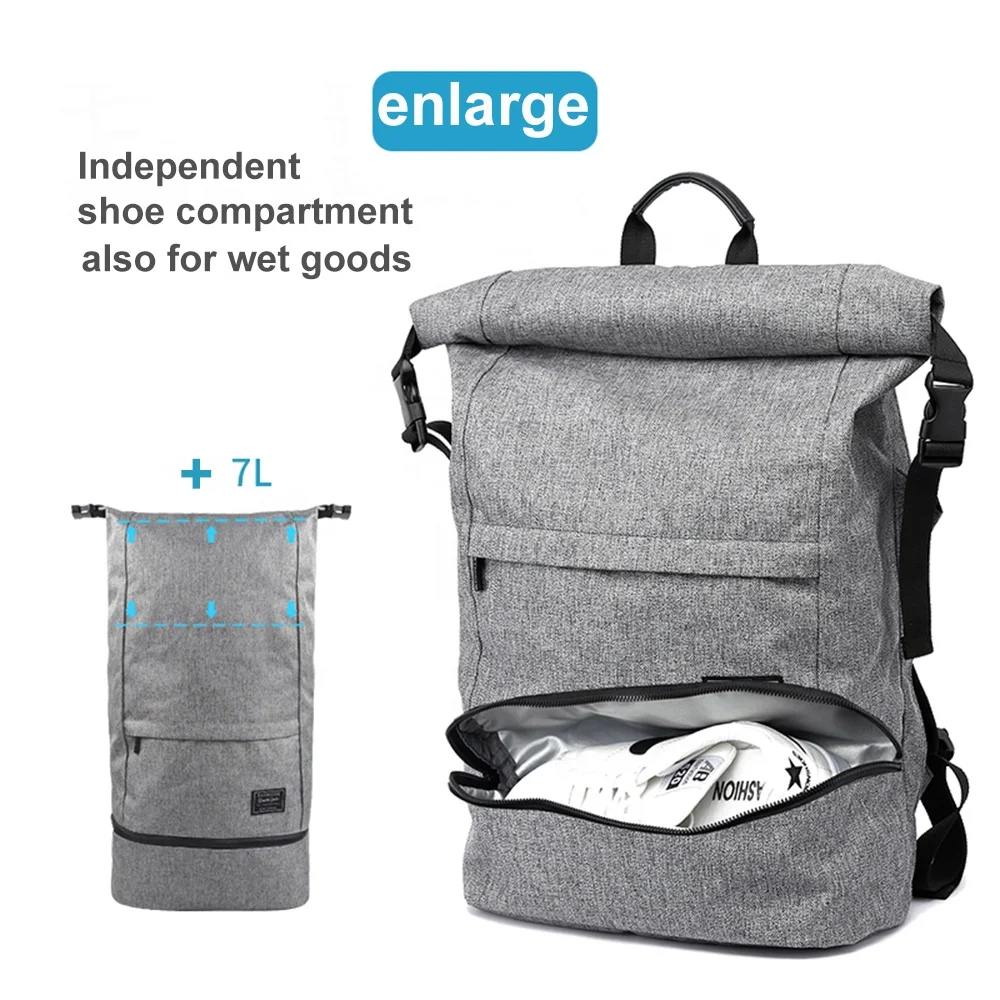 
Foldable sports fitness laptop backpack with shoes compartment roll top rucksack 