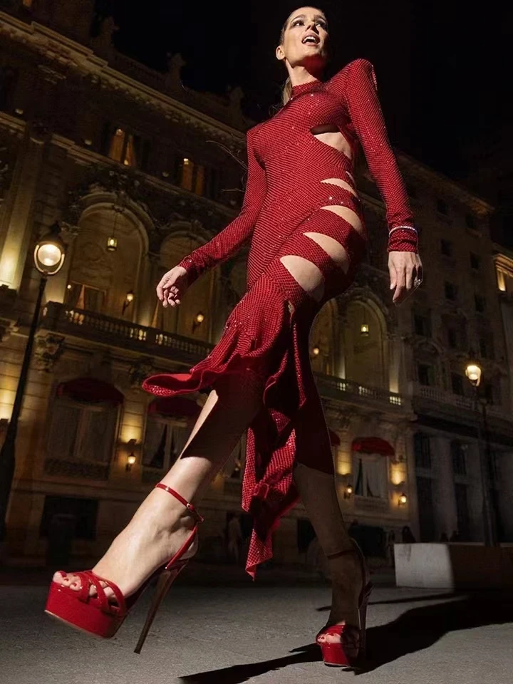 Fashion Sexy Dress For Women Luxury Red Sequins Backless Cutout Pleated Bodycon Long Gowns Cocktail Formal Occasion Party Dress