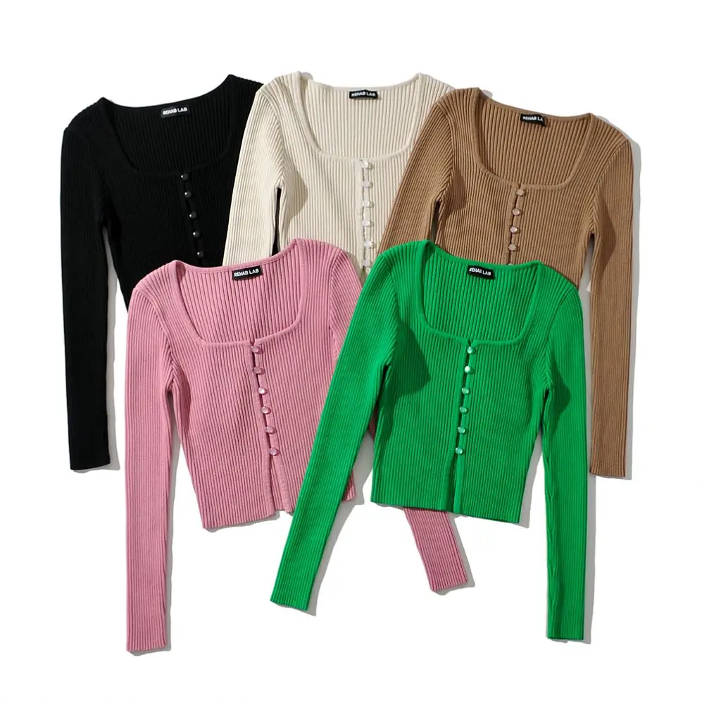 W212 5 colorway ribbed stretchy square collar vintage retro design single breasted cropped cardigan women knitted sweater