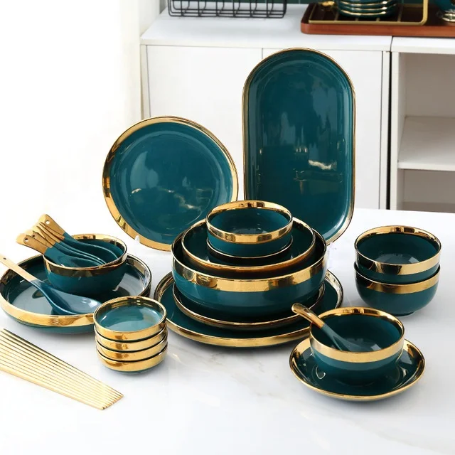 Green ceramic tableware dinnerware set Golden edge  ceramic tableware plate	japan ceramic tableware