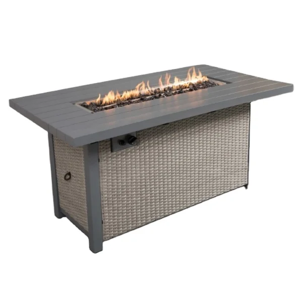 Rattan-Look Grey Striped Desktop 50000 BTU saft ignition sliding door Gas Fire Pit table garden fire pit outdoor furniture set