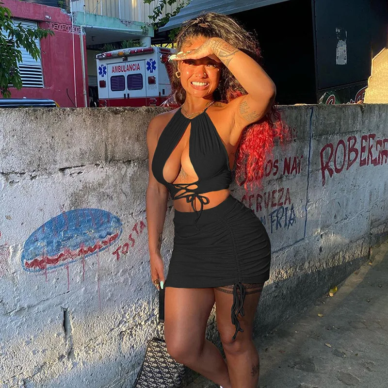 Summer dress 2022 Clothes Sexy Hollow Out Halter Neck Crop Top Drawstring Mini Skirt Two Piece Sets