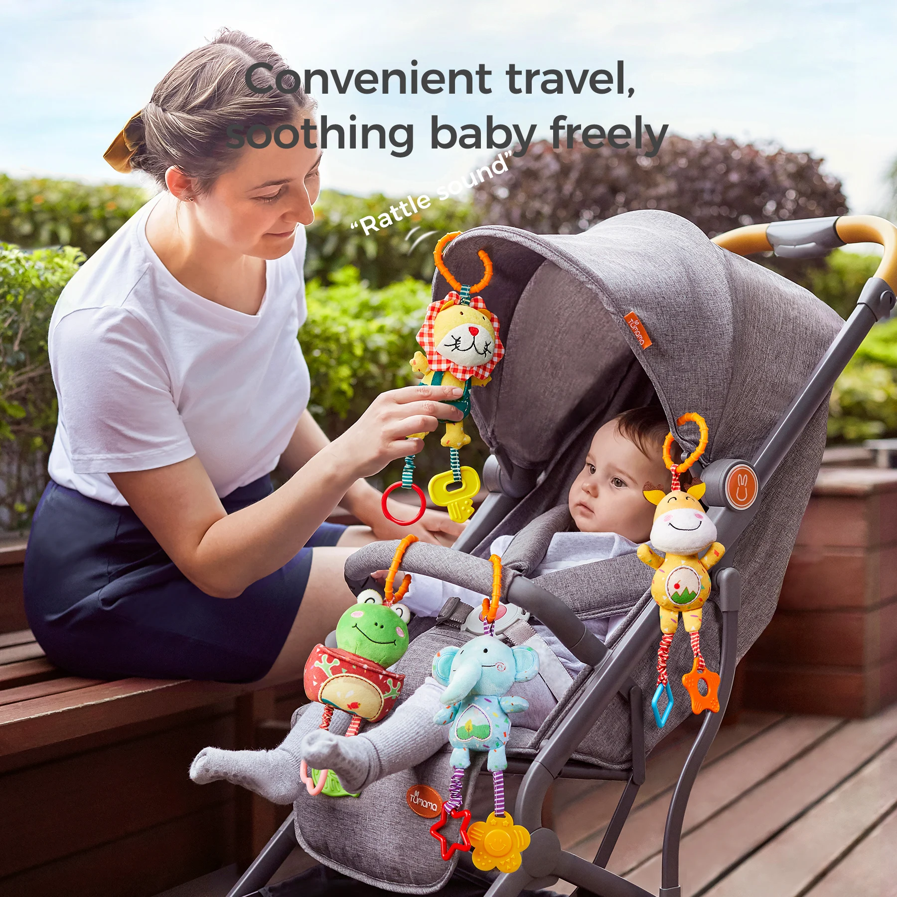 Tumama Kids Plush Hanging Rattle Toys Cute Animals Deer Elephant Lion Frog Sensory Soft Baby Toys for Newborn Stroller Crib Car