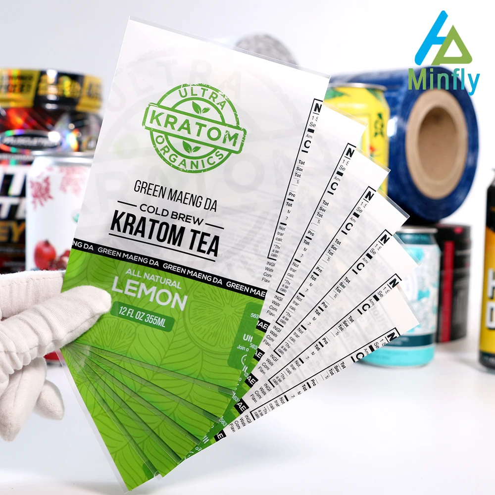 Minfly Digital Printing Custom PET PVC Heat Shrink Sleeve Label for 8oz 12oz 16oz 330ml 500 ml Bottle Cans Beverage Packaging