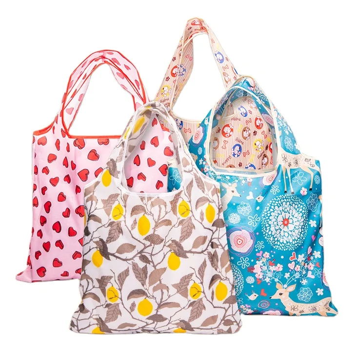 Custom Eco-Friendly Large Supermarket Folding Grocery Reusable Foldable Polyester Shopping Bag With Pouch