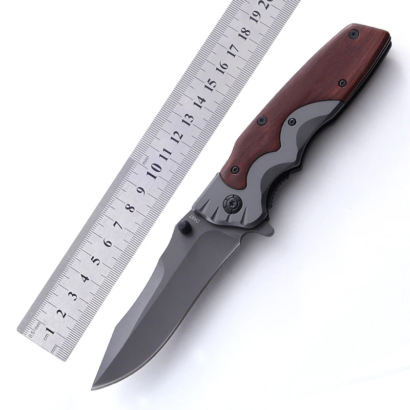 Red Wood Handle Stainless Steel gray titanium Pocket Folding Knife