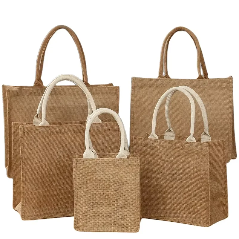 Cheap Custom logo printed Jute shopping tote bag wholesale standard size ecological organic natural linen jute tote bags