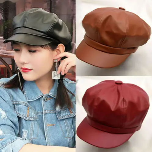 
Womens Hat Pu Leather Beret Newsboy Cabbie Hats Caps Outdoor Lady Baseball Cap 