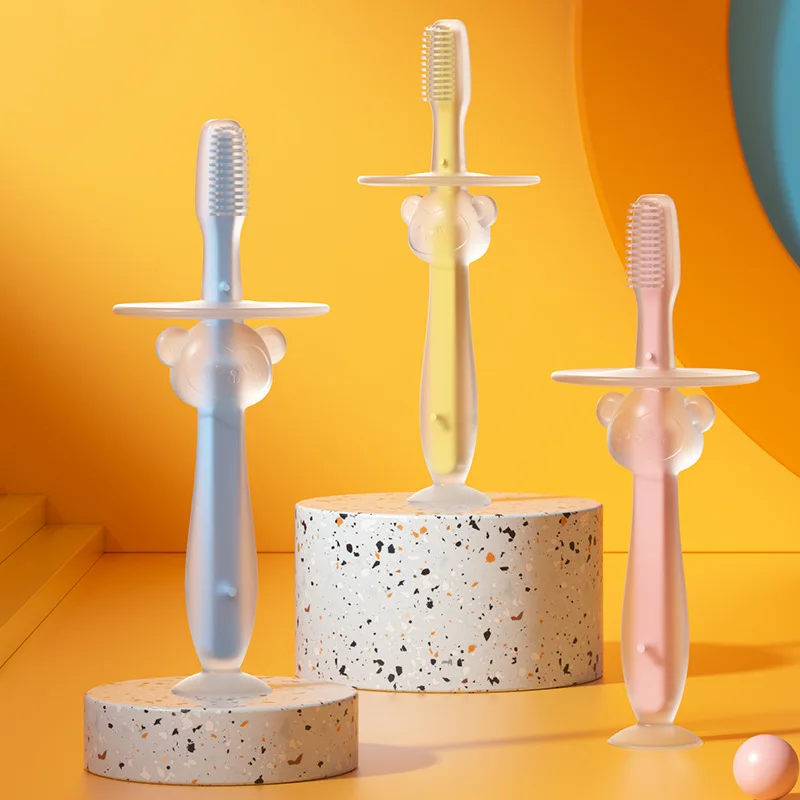 Baby training silicone three-dimensional milk toothbrush can stand suction cup toothbrush silicone tongue coating soft brush