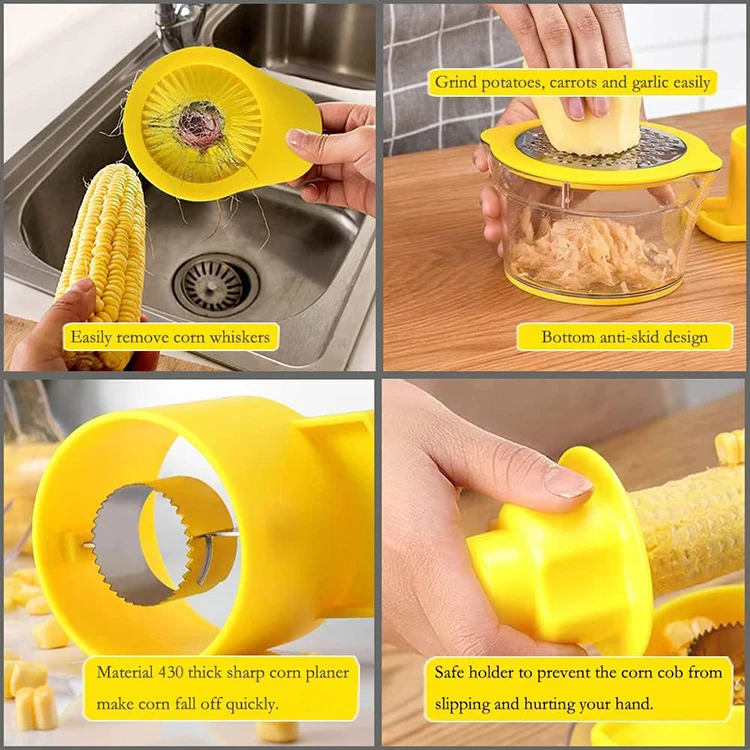 4 in 1 Multi-Functional Corn Cob Stripping Tool Stainless Steel Garlic Ginger Grater Corn Peeler Stripper Slicer