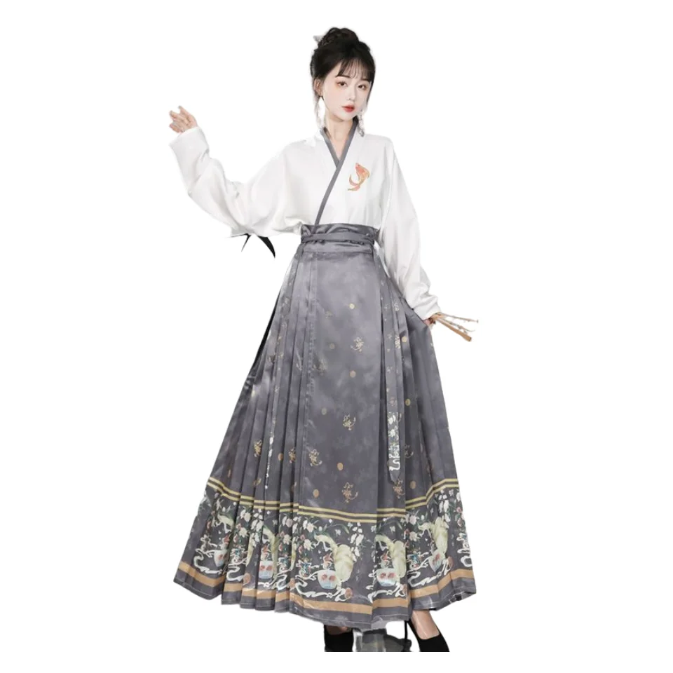 Ancient Chinese Costume New Available Adult Women Koi Embroidery Daily Wear Paired Aircraft Sleeves Top Horse Face Skirt Hanfu