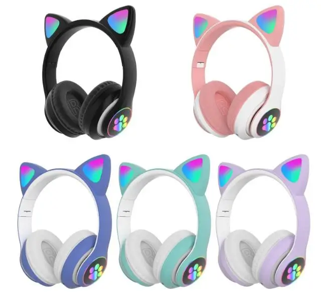 Разноцветные детские наушники Amazon M1 с изображением кота макарон, беспроводные наушники со светодиодной подсветкой, Накладные наушники с микрофоном, наушники с кошачьими ушками