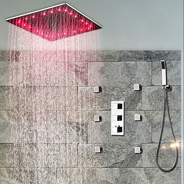 
kaiping 500*500mm Wall Mounted rainfall Chrome Plated Shower Head Set LED Rain Shower Panel With Body Jet Thermostatic 