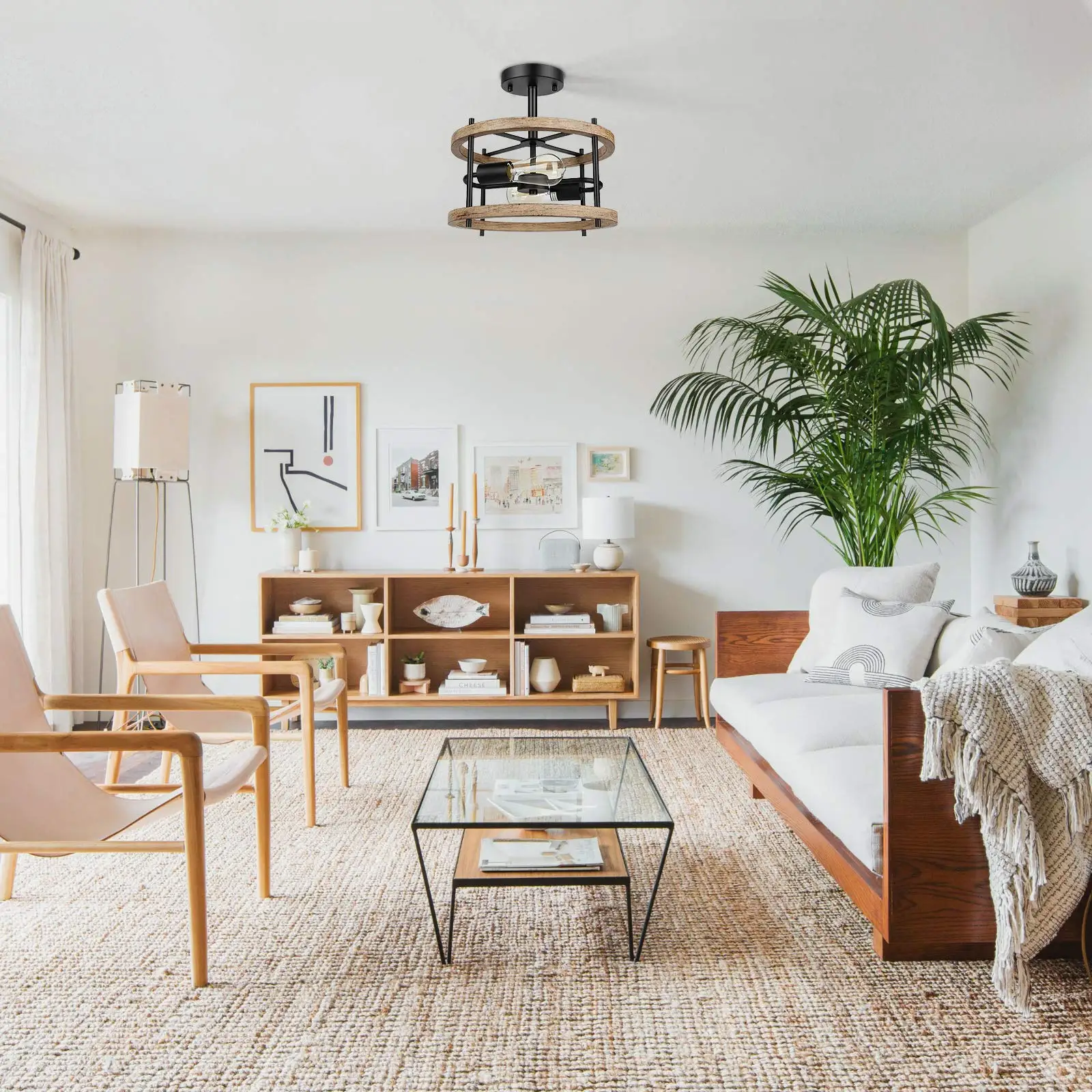 2-light Retro Semi Flush Mount Ceiling Light Fixture Rustic Vintage Wood Ceiling Light Black Metal Industrial Farmhouse Ceiling