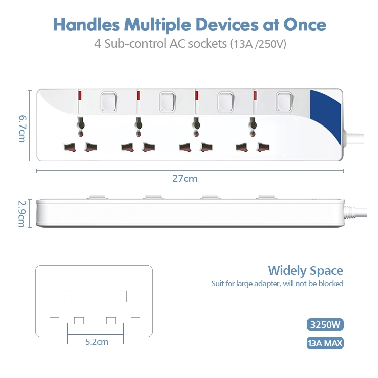 New Model 4 outlets Power Strip Universal Power Strip Overload Protector Extension Cord with Multi Outlet extender