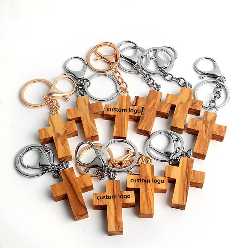 Custom Logo Olive Wood Cross Keychain Eco Friendly Personalized Wooden Key Chain Ring