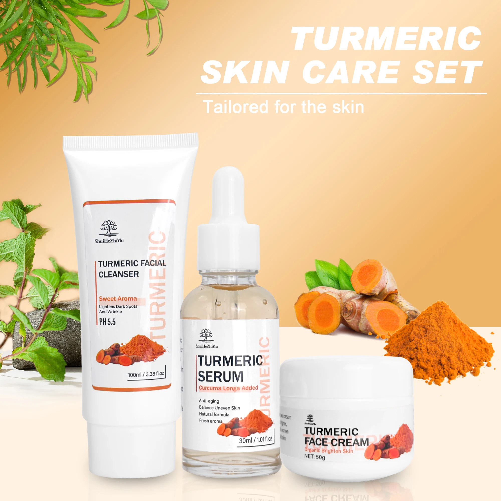 Organic Moisturizing Face Care Cream Private Label Anti Whitening Lighten Acne Turmeric Serum Tumeric Skin Care Set