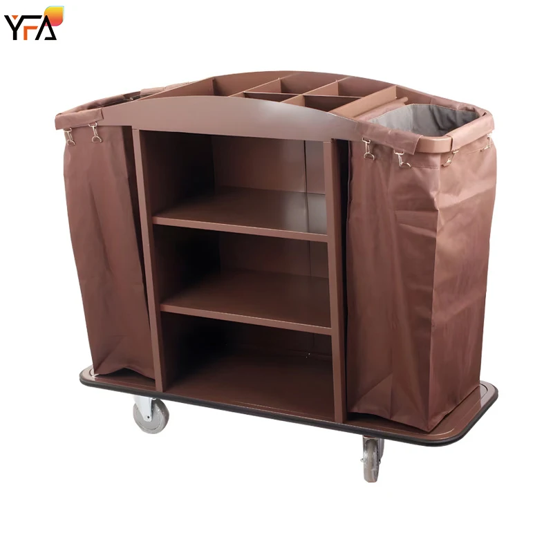 Mobile Hotel Maid Cart Stainless Steel Housekeeping Trolley Cart For Hotels With Multiple Pockets Linen Bags