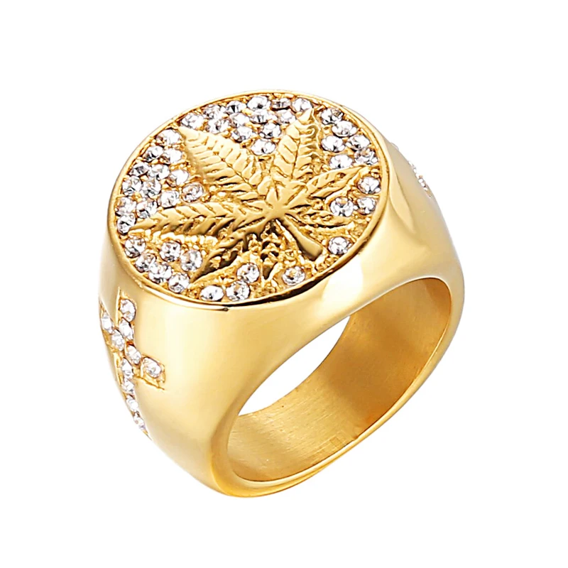 Trend Stainless Steel Iced Out Weed Maple leaf Hip Hop Ring For Men Fashion Jewelry