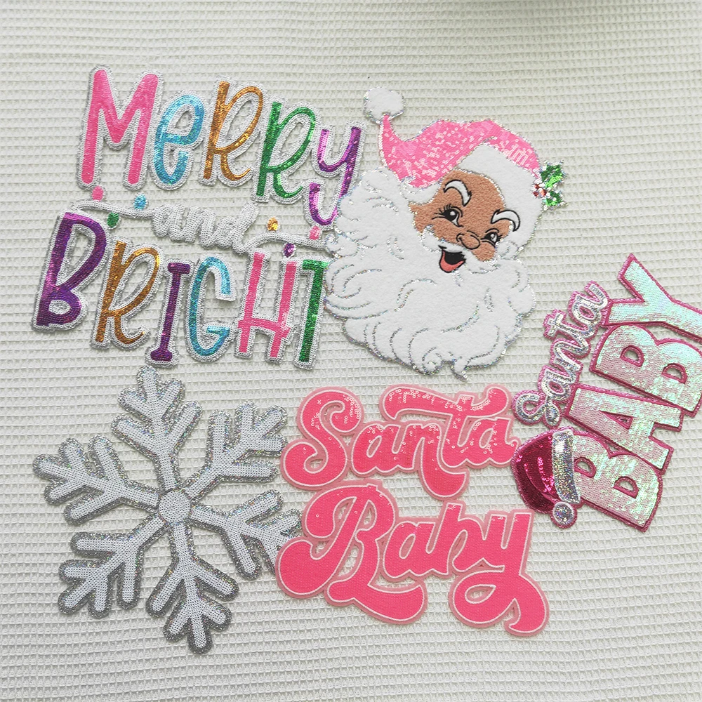 2024 New Custom wholesale Merry christmas Sequin candy cane Santa Baby large chenille letter Embroidery iron on Patches