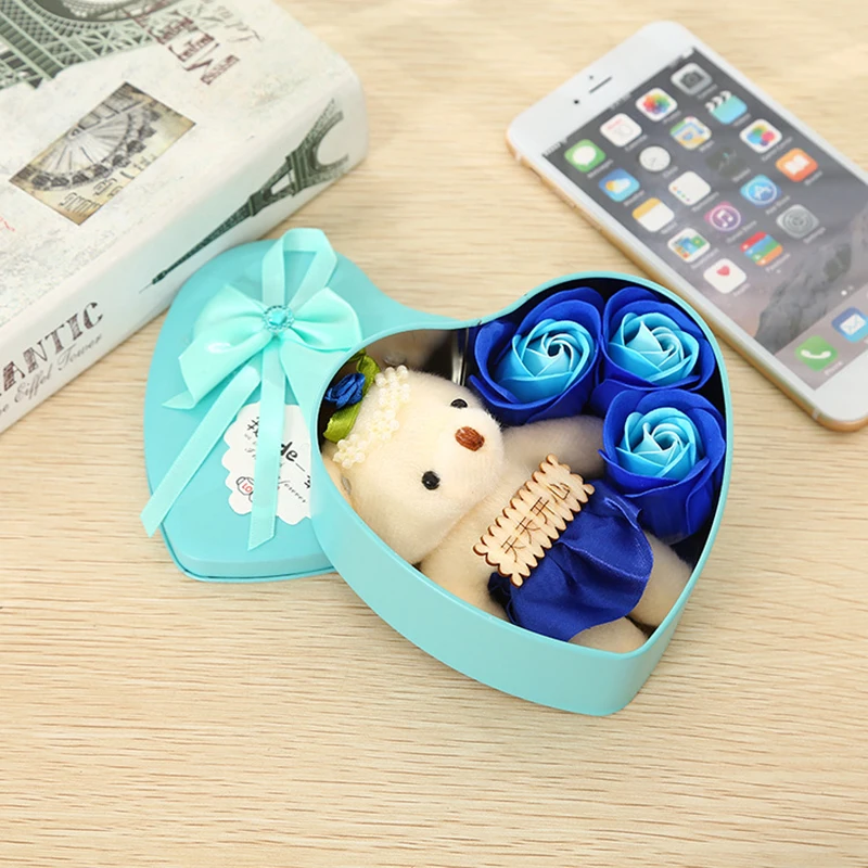 Hot Sale Artificial  Soap Flower with Bear in Box Simulation Mini Rose Handmade Best for Wedding Gift