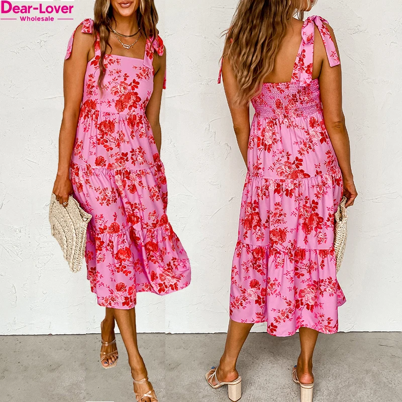 Dear-Lover Wholesale New Arrivals Summer Clothes Tie Shoulder Straps Tiered Floral Casual Dresses
